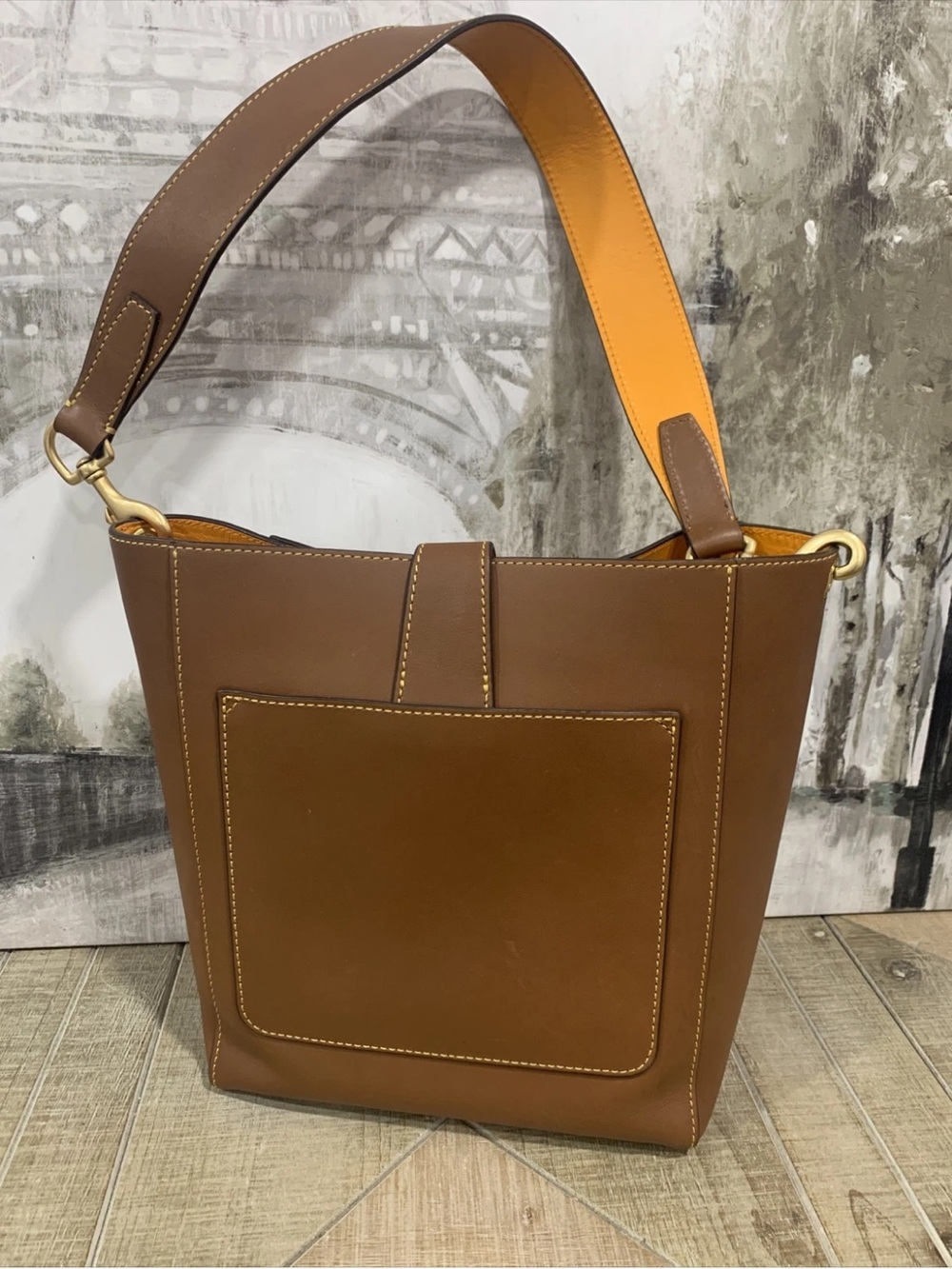 Leather Bucket Shoulder Bag in Brown with Gold Accent - Picture 5 of 16